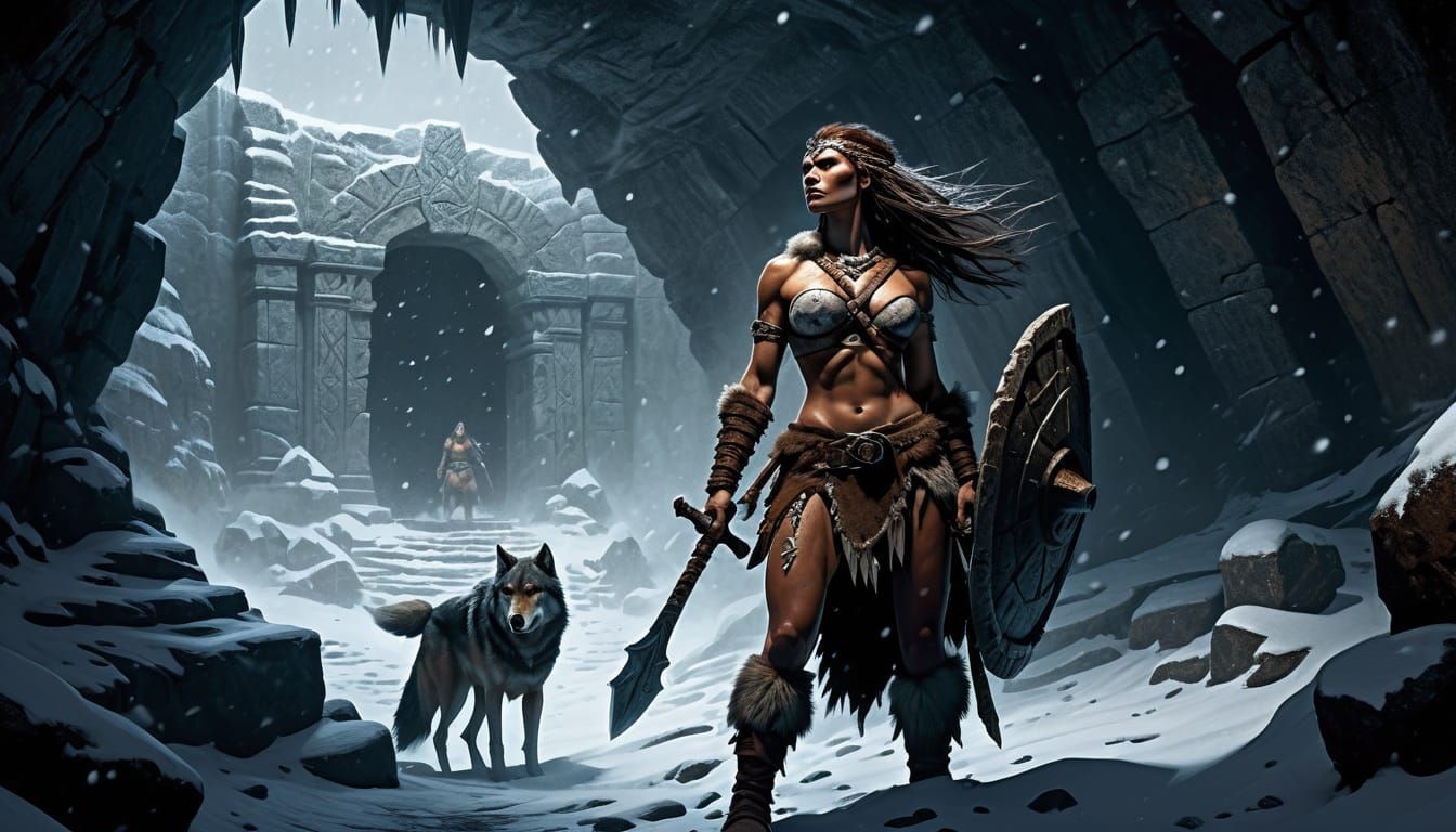 Barbarian Huntress at Cave Entrance: Dark Fantasy Art