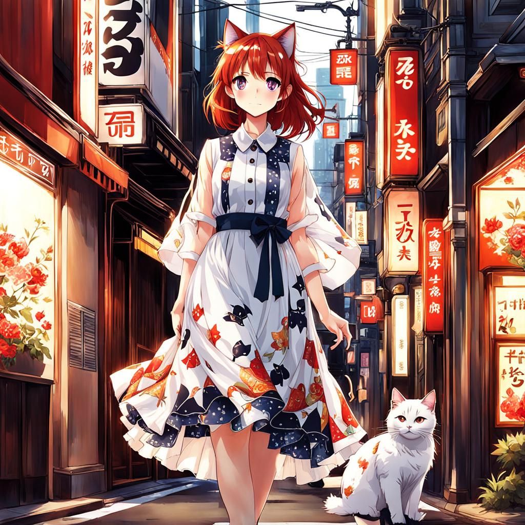 Anime Cat Girl in Tokyo Street Scene