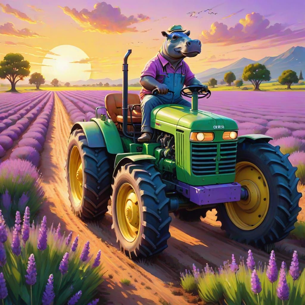 Hippopotamus in a Cap Drives Tractor Through Lavender Field ...