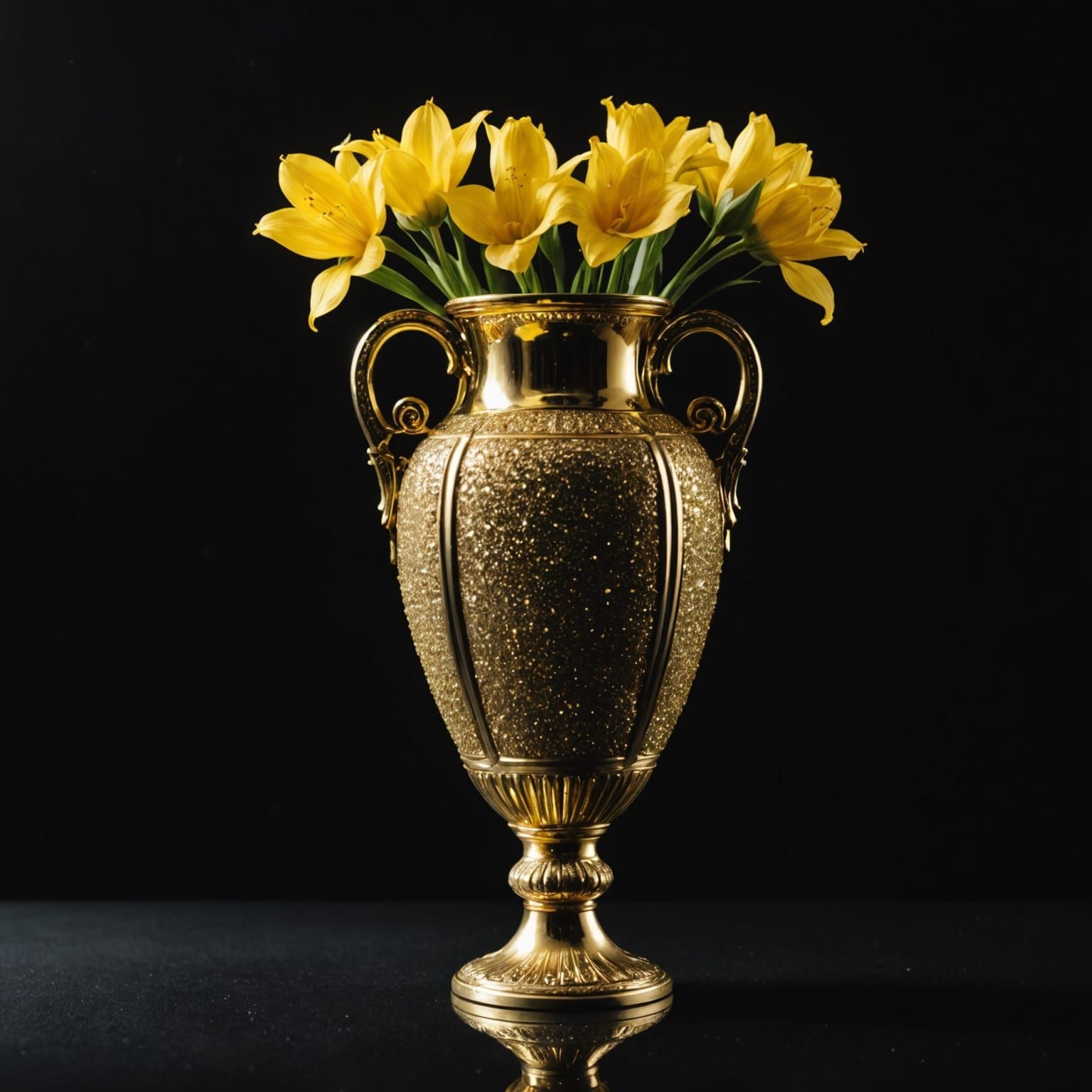 Sparkling Empty Golden Vase on Black Background