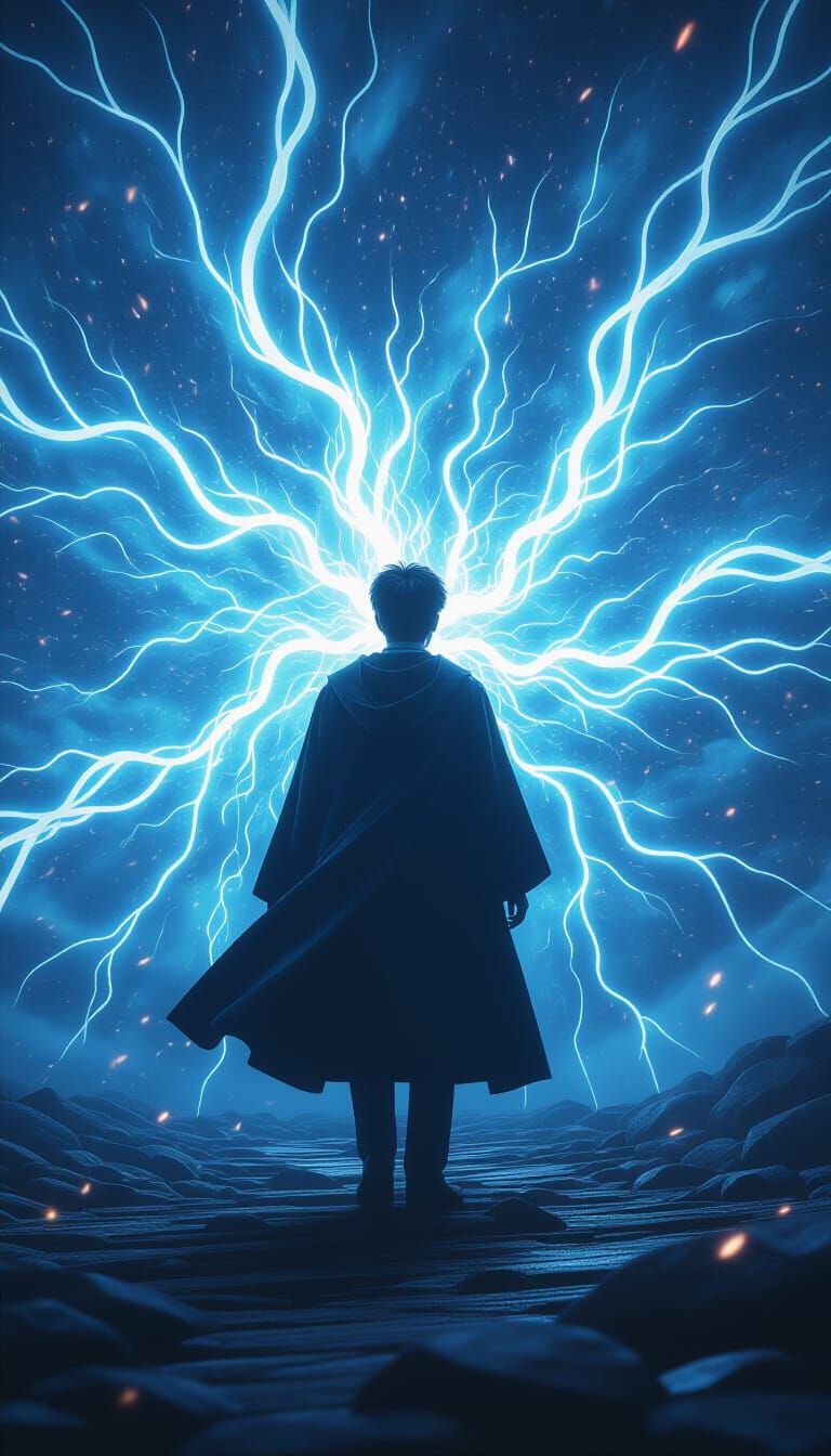 Harry Potter in a Vibrant Light Storm, Cinematic 3D Render