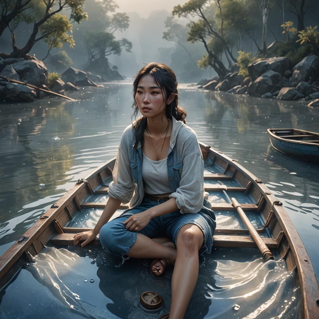 Chinese Girl on Misty River, Fantasy Digital Art