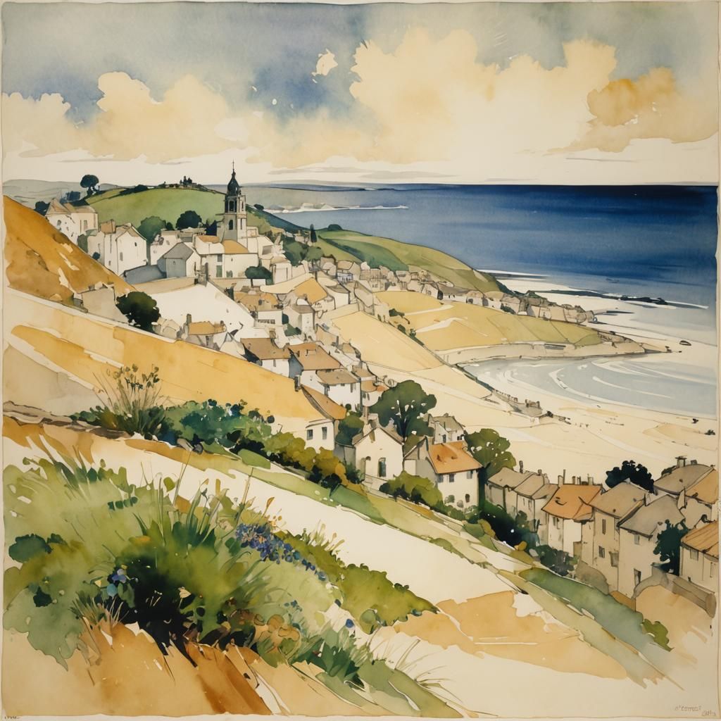 French Countryside Town in Watercolour and Ink