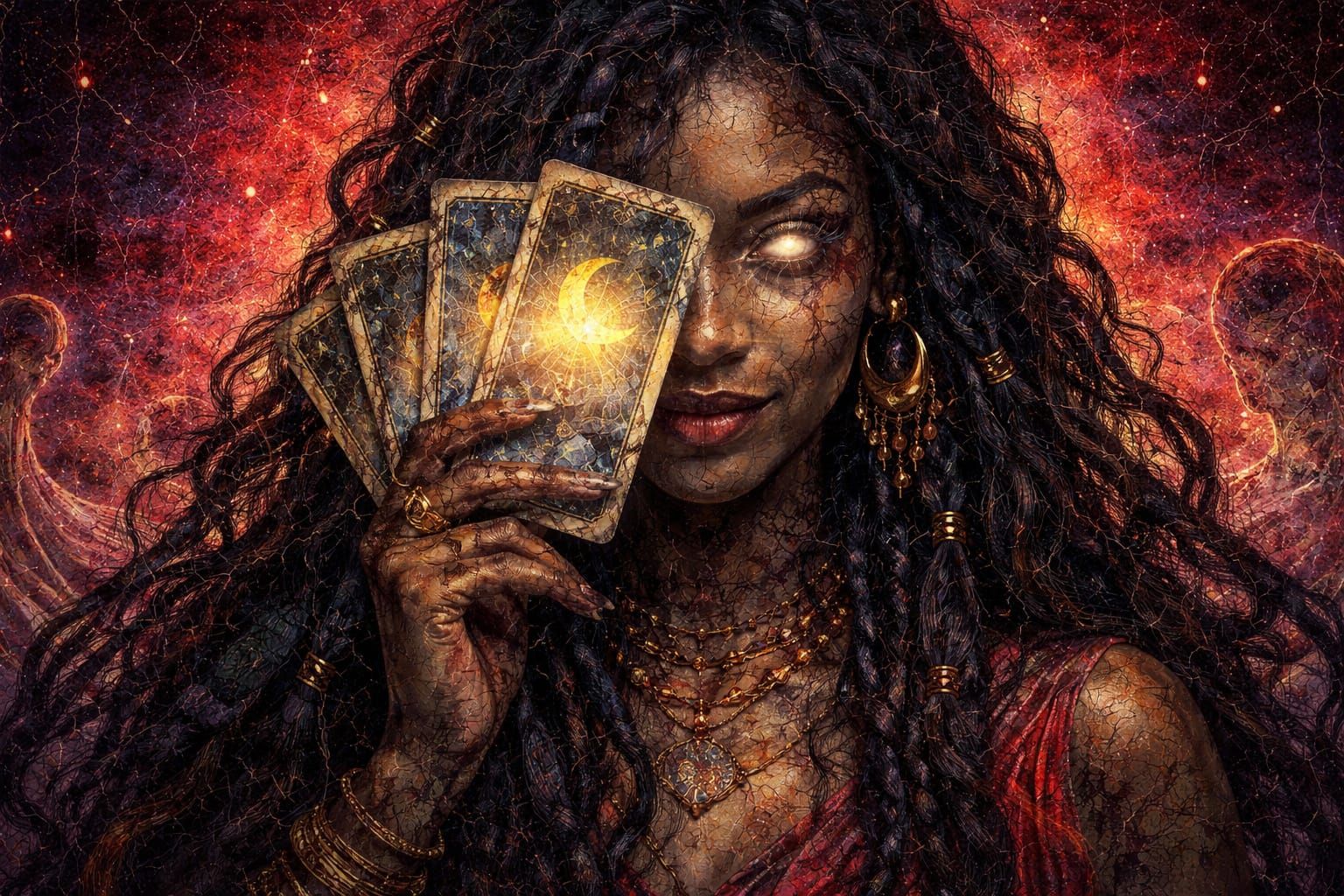 Ghostly Jamaican Woman Reads Tarot in Crimson Cosmic Backgro...