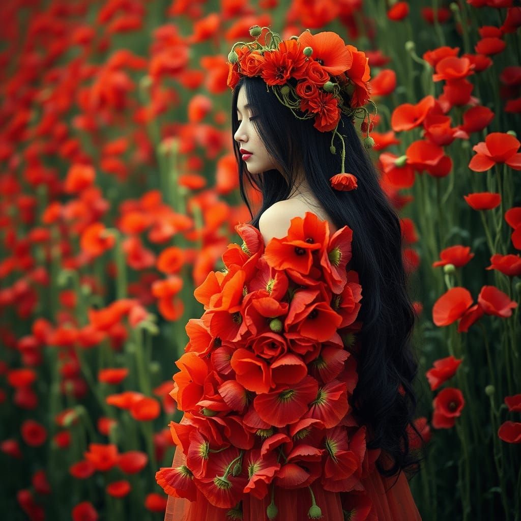 A Majestic Woman in a Poppies Attire, Long Black Hair, Headd...