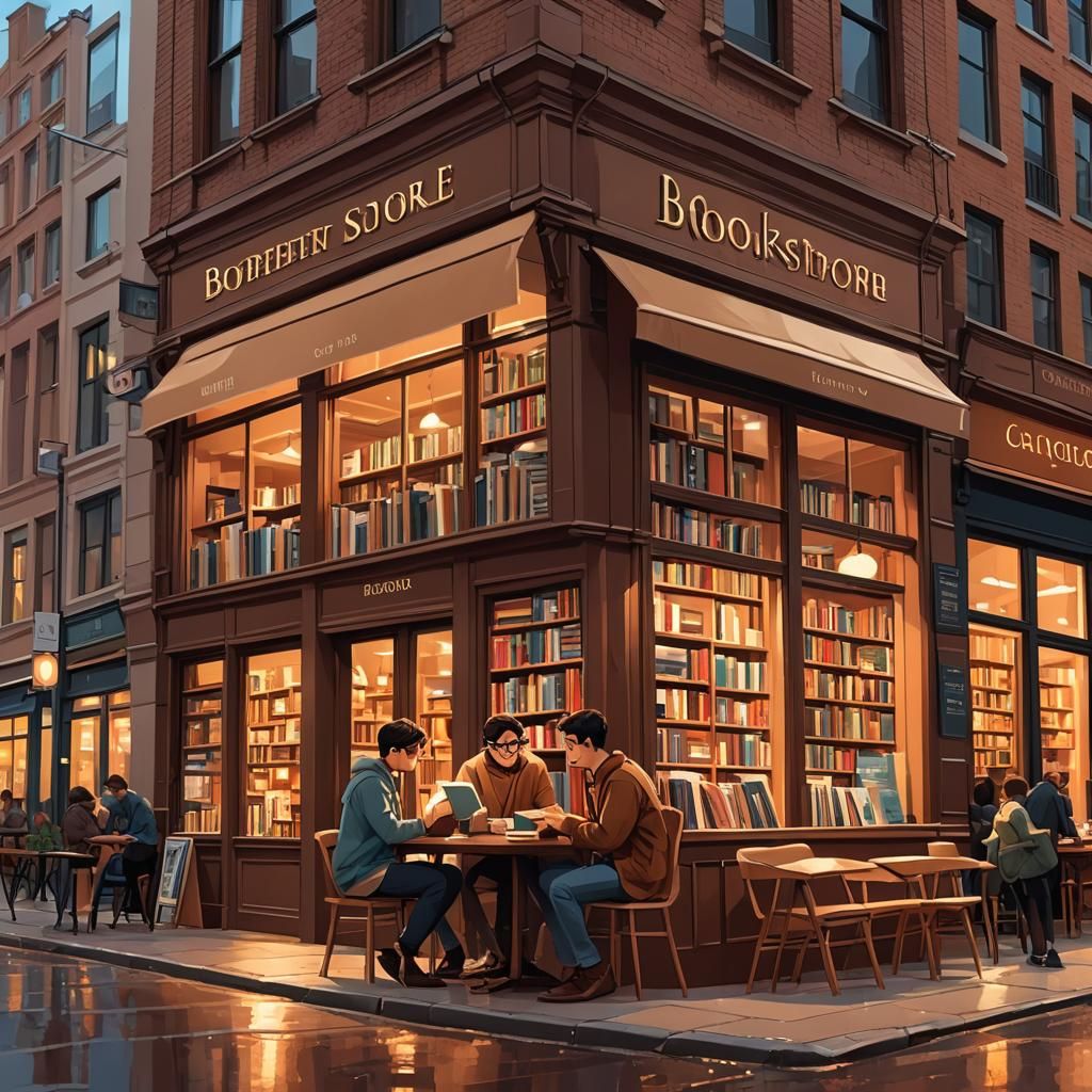 Cozy Bookstore Scene with Boys Reading, Vector Art