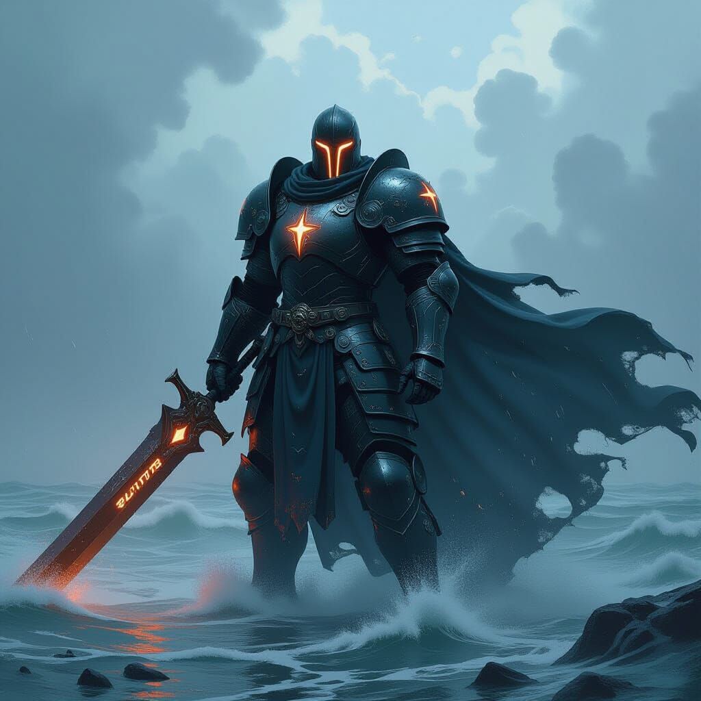 Colossal Knight Amidst Cataclysmic Hurricane