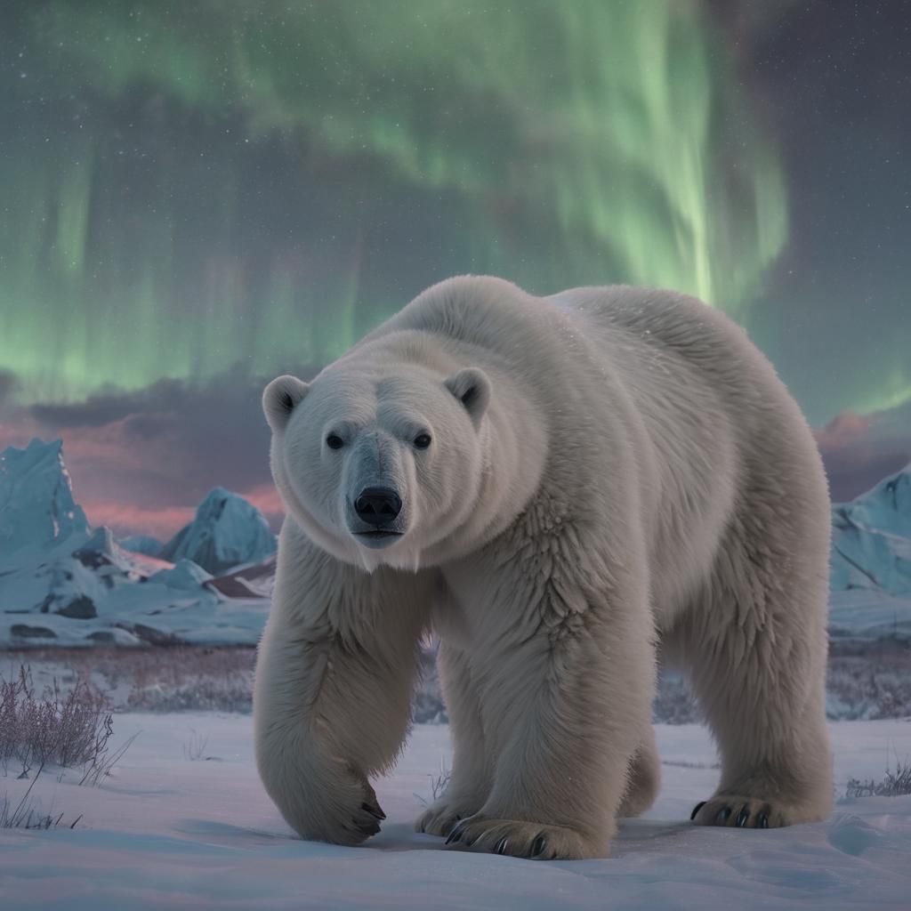 Ethereal Polar Bear Roams Under Vibrant Aurora Borealis in S...