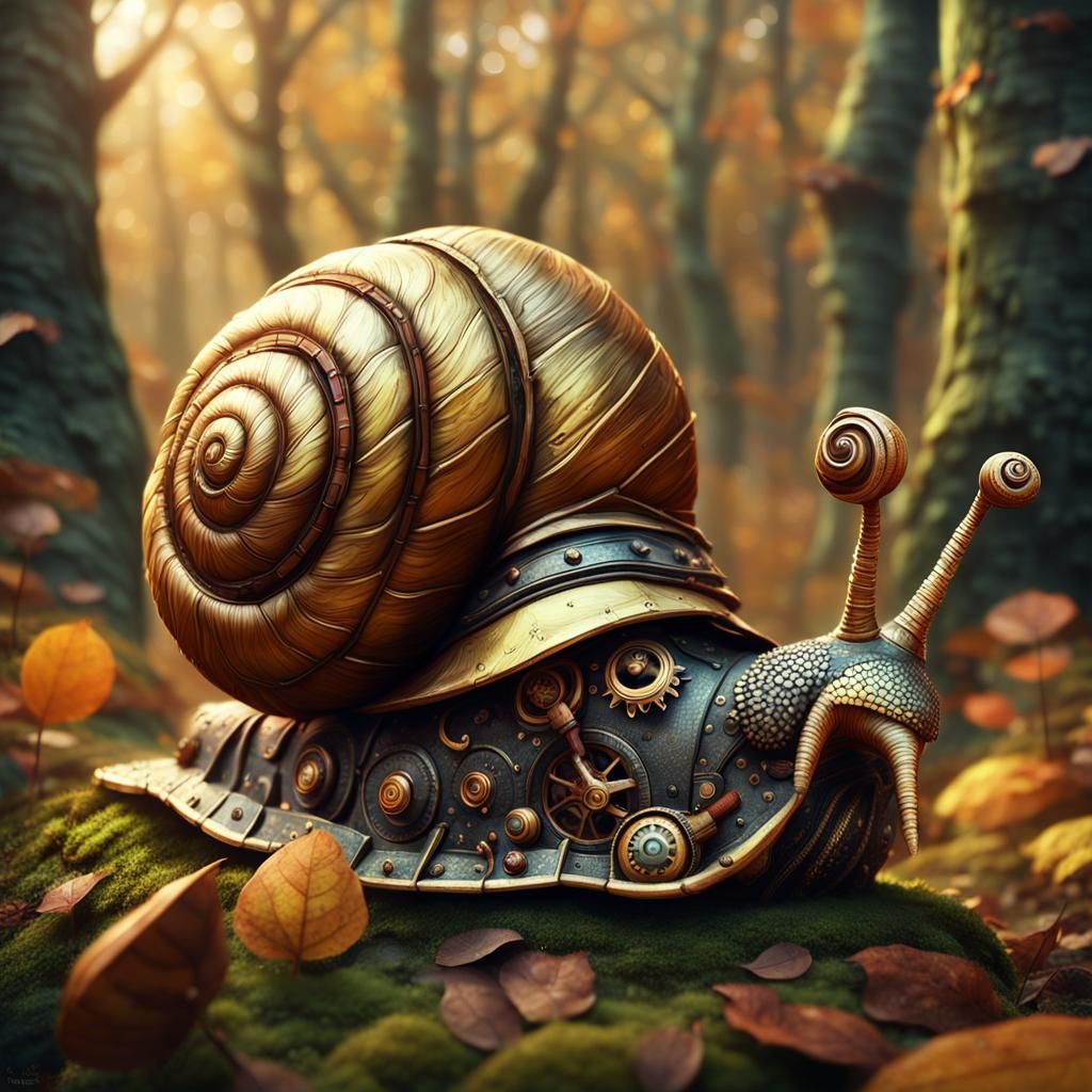 Steampunk Snail in Autumn Forest: Fantasycore Artwork