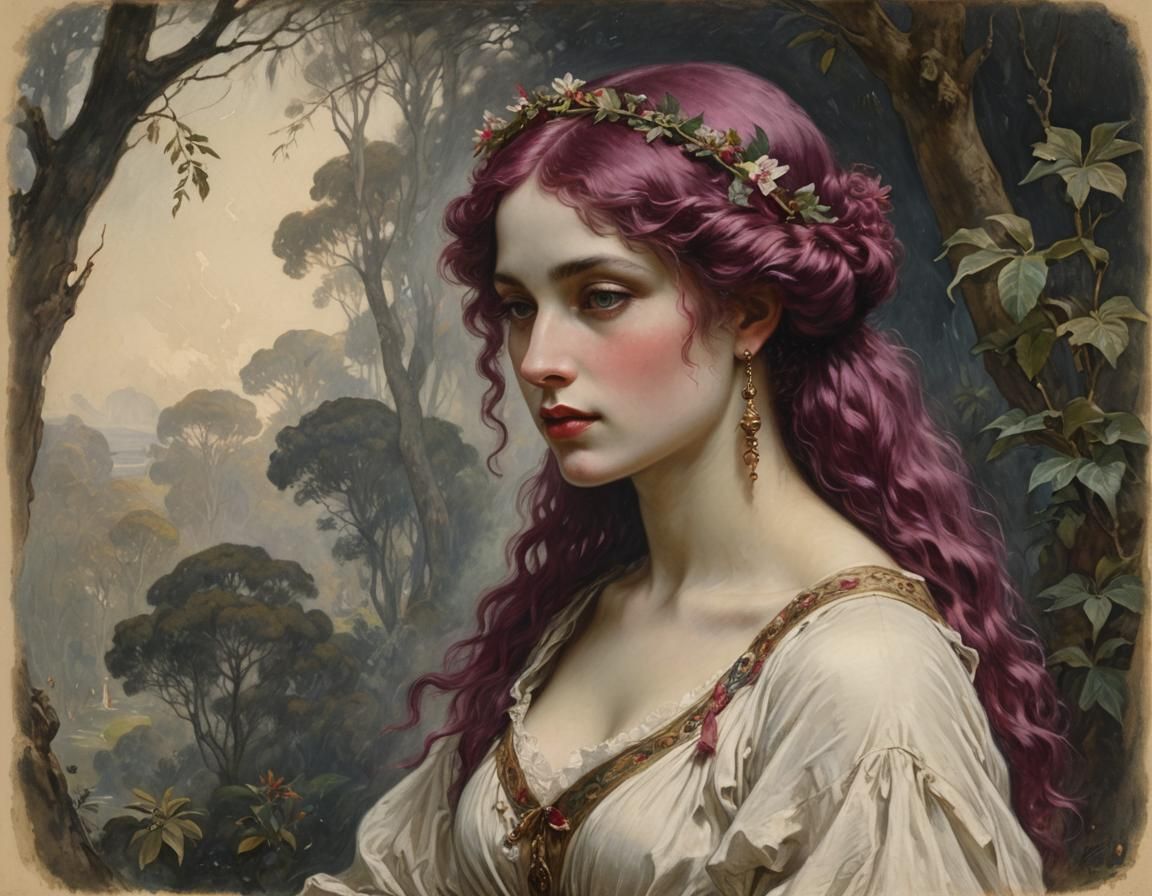 Petite Woman with Magenta Hair in Pre-Raphaelite Style