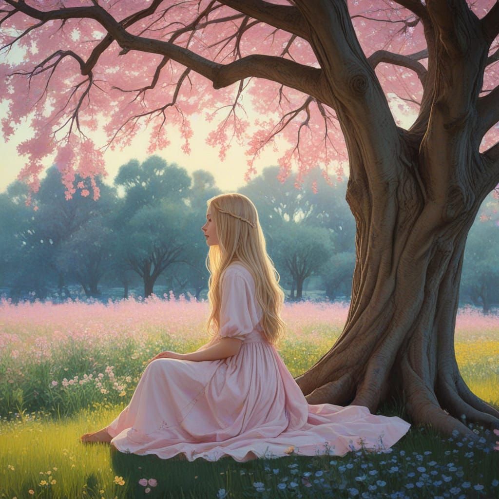 Serenely Blonde Girl Surrounded by Vibrant Floral Bloom in I...