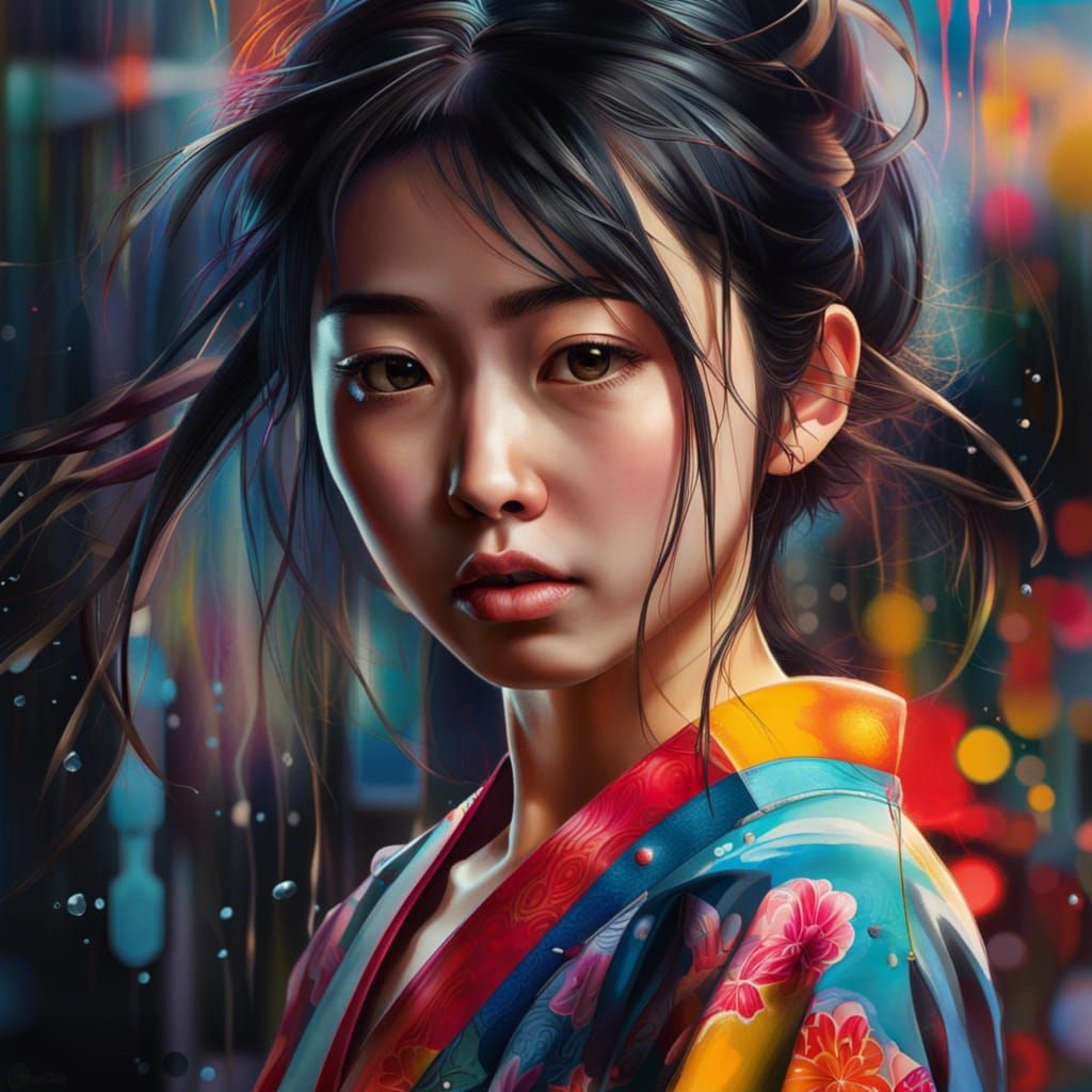 Hyperrealistic Japanese Girl Portrait with Colorful Backgrou...