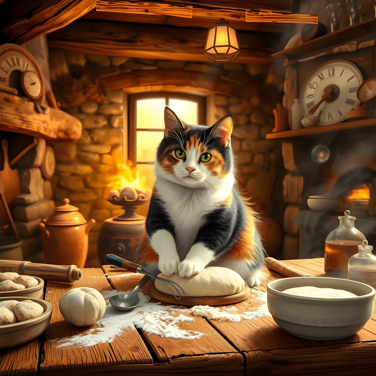 Whimsical Calico Cat in Cozy Country Kitchen