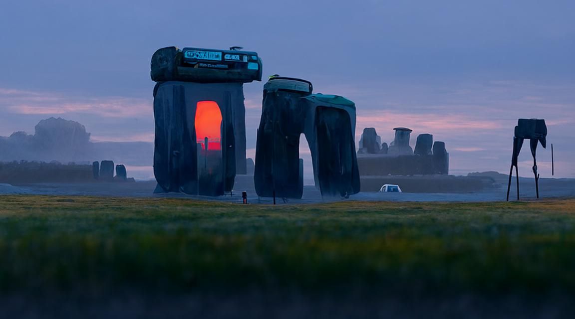 Dusk at Stonehenge in Retro Sci-Fi Style