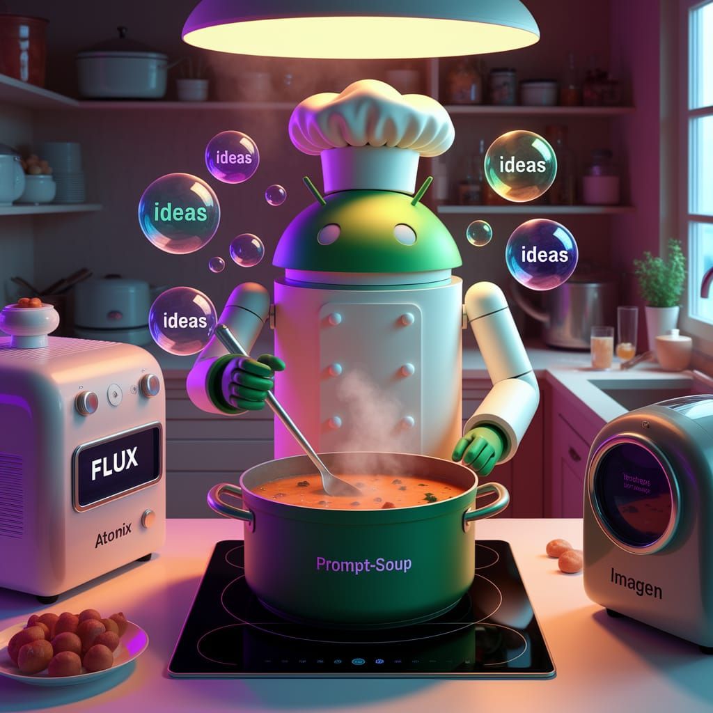 AI as an Android chef cooking up a pot of "prompt-soup" with...