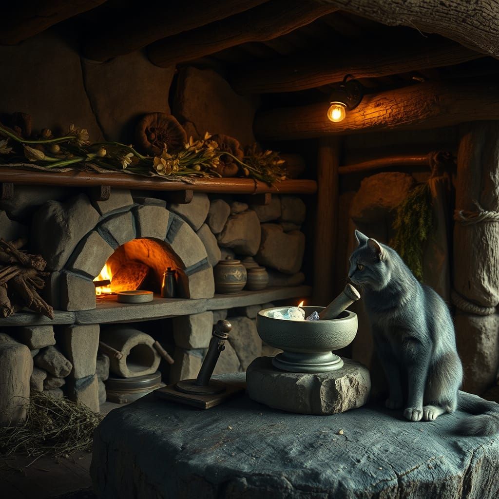 Neolithic Hut with Alchemical Mortar, Hyperrealistic Film St...