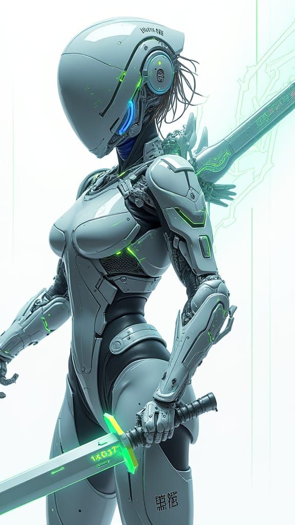 Cybernetic Warrior in Futuristic Industrial Landscape