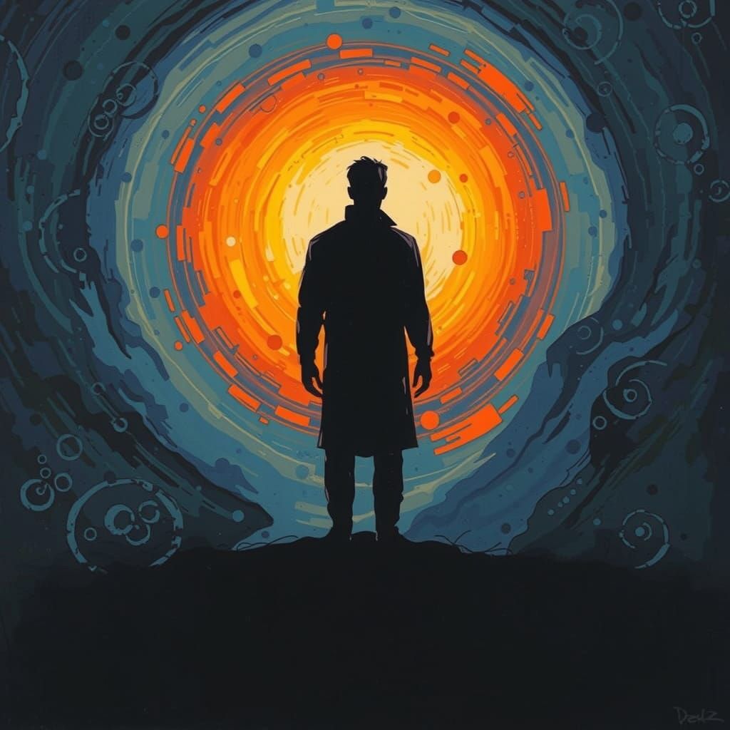 Dramatic Charcoal Silhouette in Cosmic Explosion-Inspired Ba...