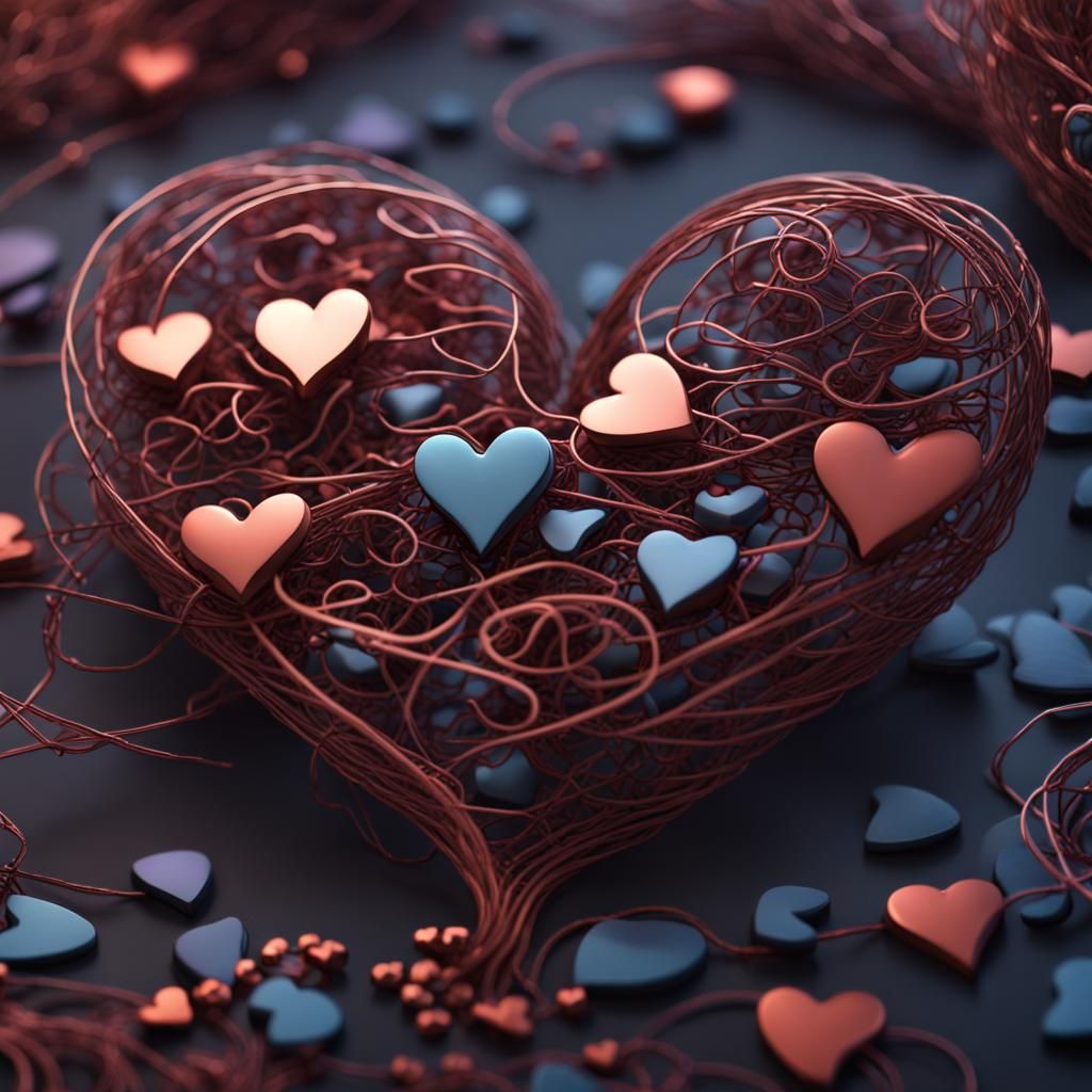 Intricate Metal Wire Heart Puzzle: Detailed Matte Painting