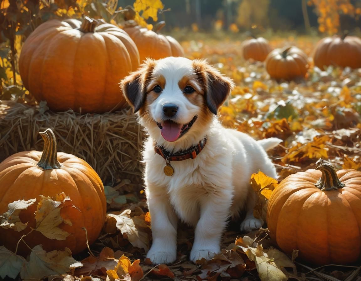 Adorable Puppy Portrait with Pumpkin in Sunny Fall Field