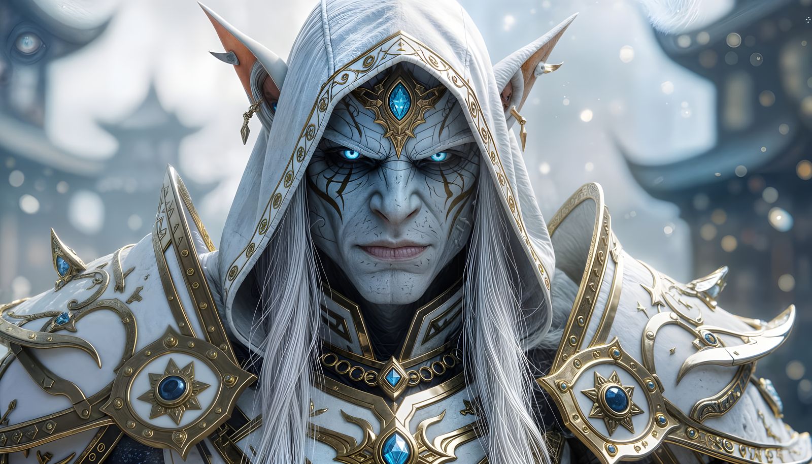 Albino Orc Warlock in White and Gold Armor