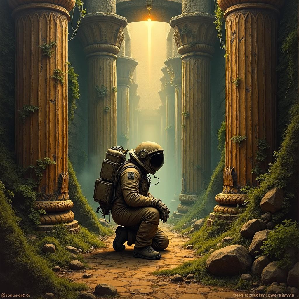 Astronaut Discovers Ancient Ruins in Sci-Fi Landscape