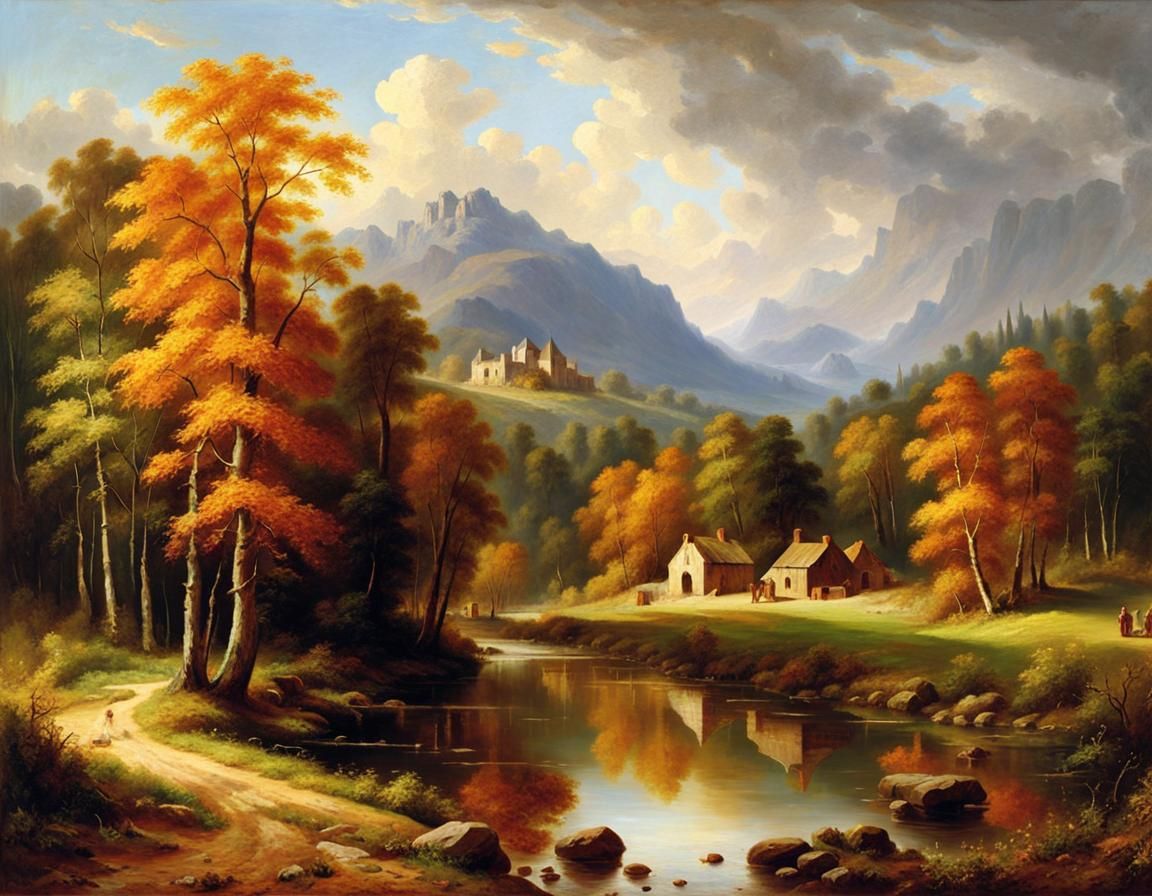 Picturesque Farm in Valley as Oil Painting