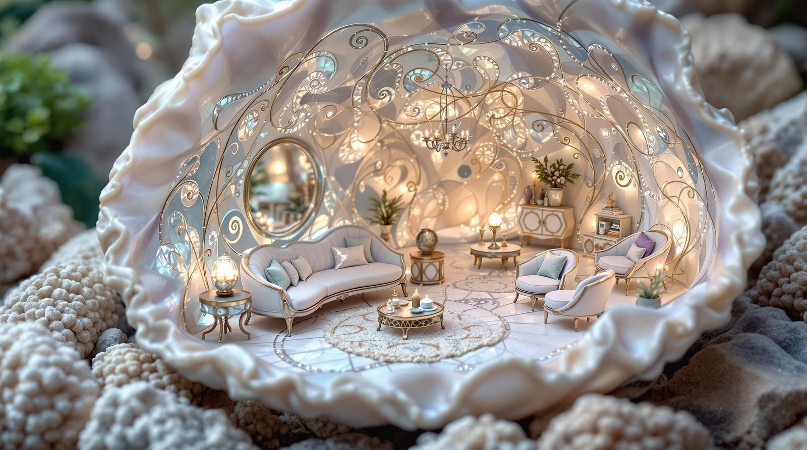 Whimsical Art Nouveau Seashell Oasis in Lavender Hues