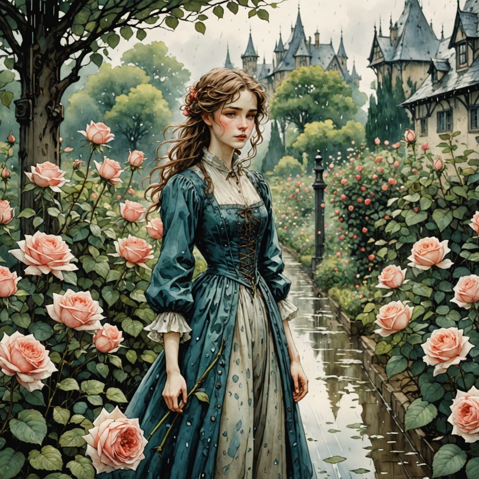 Watercolor Rose Garden After Rain, Anime Style