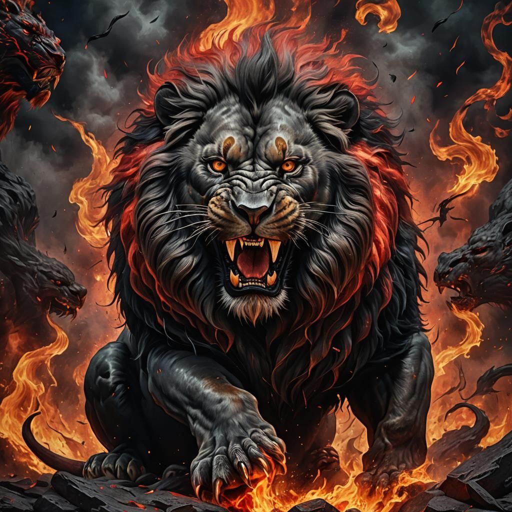 Fierce Black Lion in Flames: Detailed Matte Painting