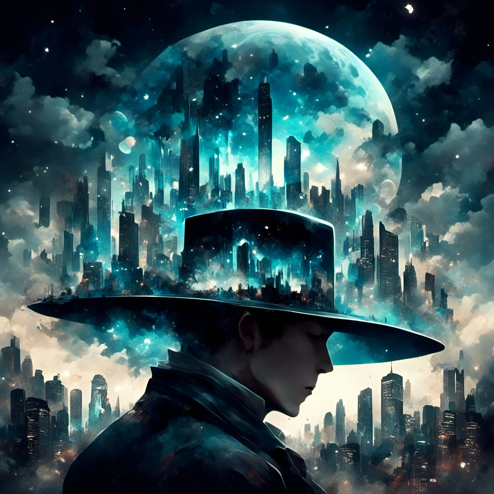 Saxophone's Surreal Megapolis Hat: Ink and Watercolor Art