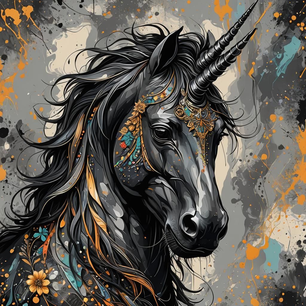 Abstract Black Unicorn Head in Complementary Colors