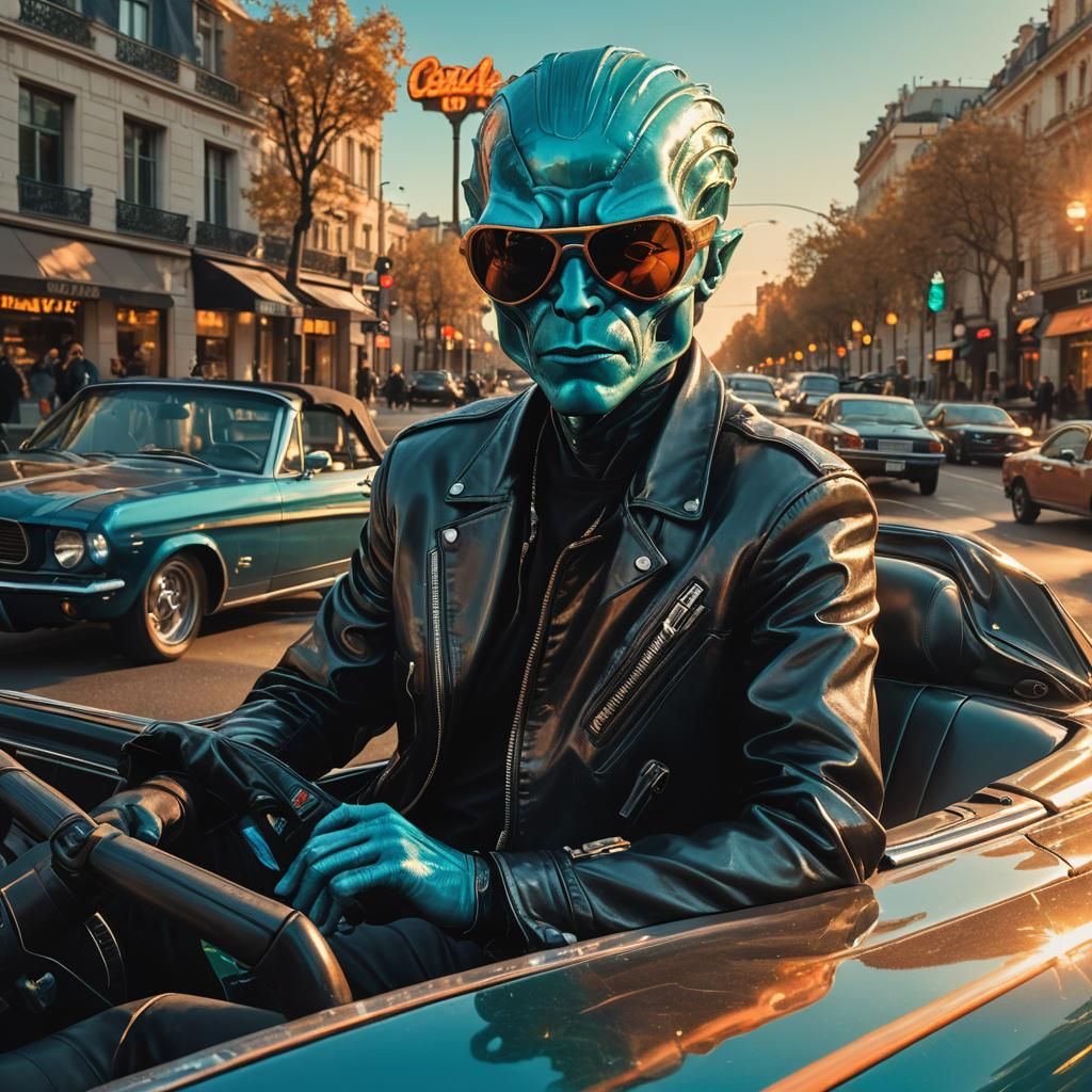 Alien in Mustang Convertible, Matte Painting Style