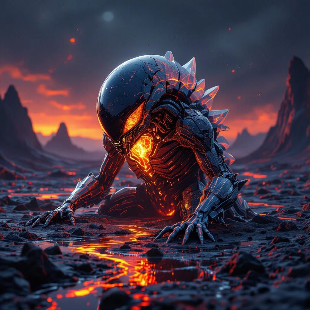 Silicon Alien Life on Lava Planet in Cosmic Art Style