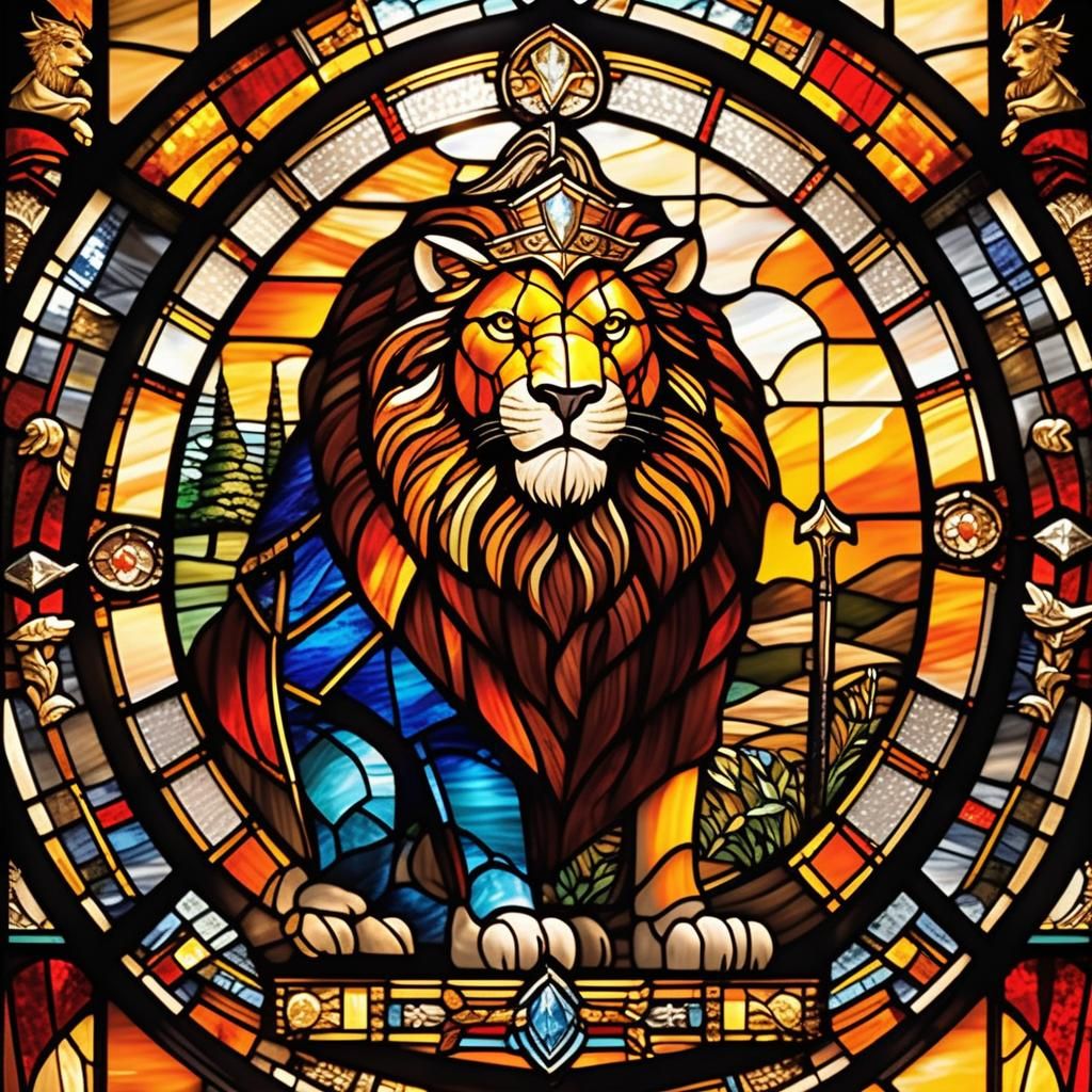 Stained Glass: Majestic Lion and Valiant Knight