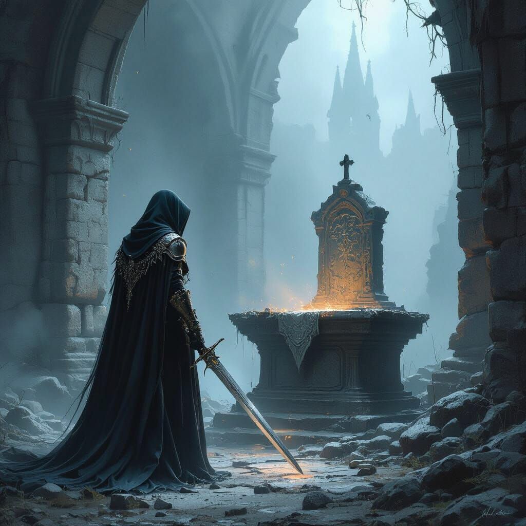 Witch Before Altar in Foggy Ruins