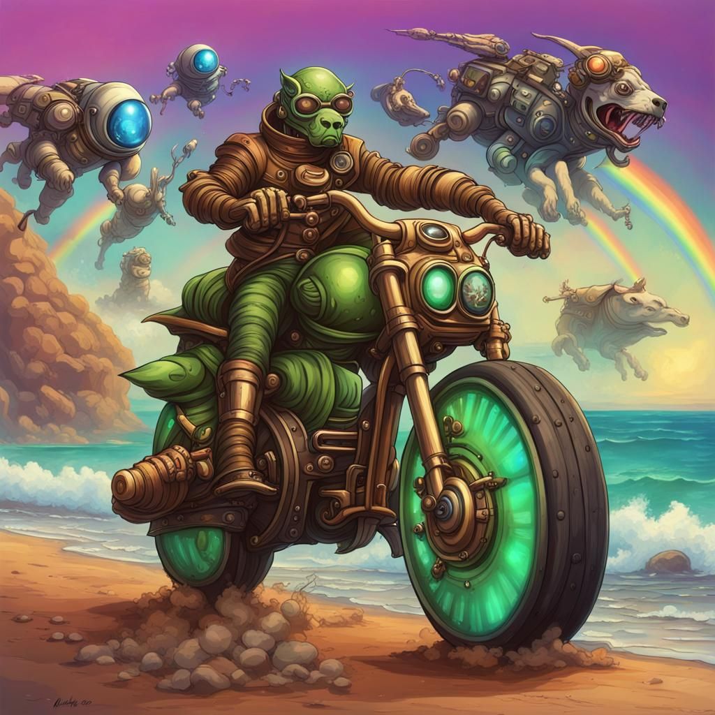Martians on Motorcycle with Spaceship and Laser