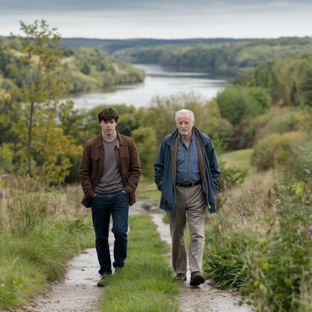 Men Walk Toward River in Cinematic Landscape