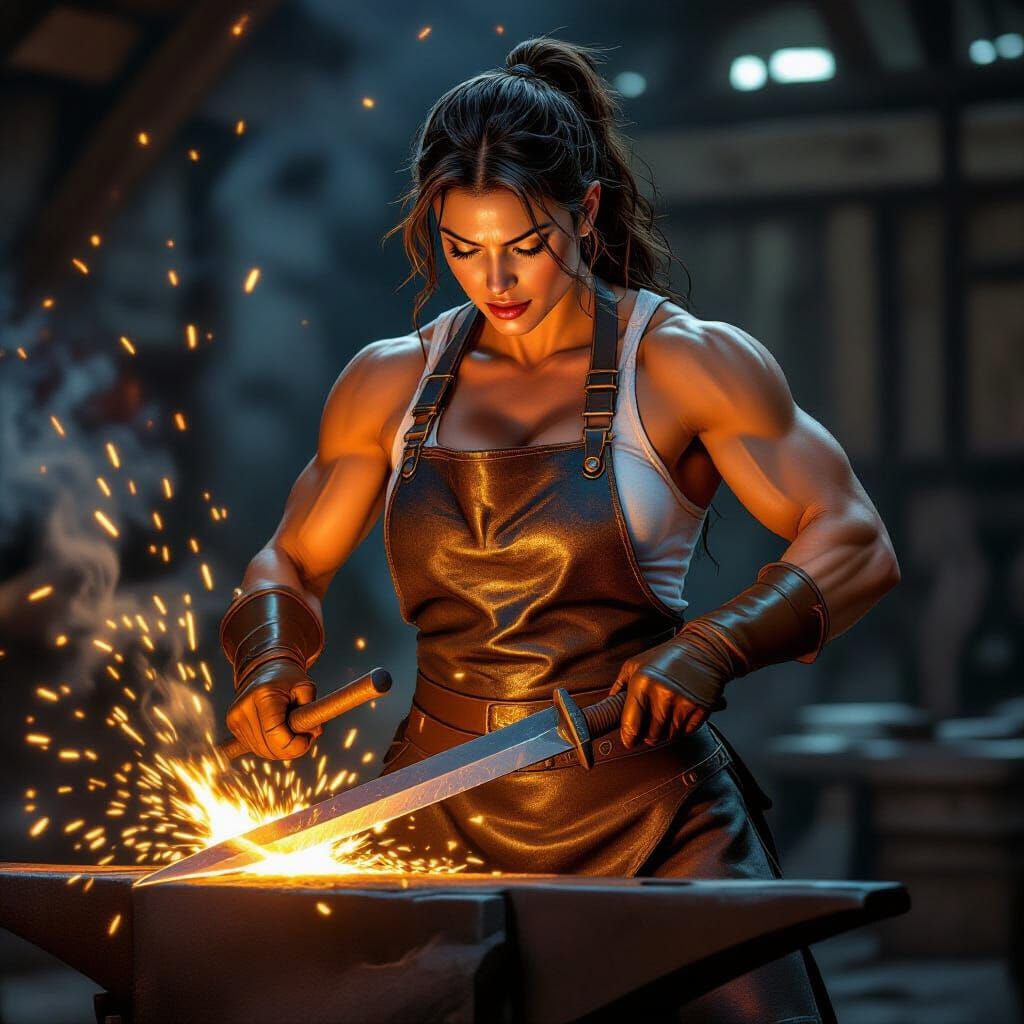 Muscular Woman Forging Sword in Fiery Forge Comic Style