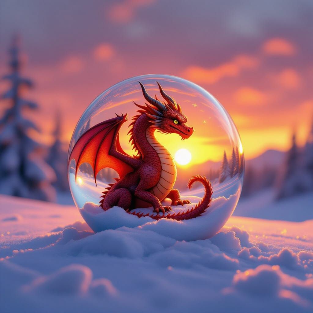 Dragon in Glass Ball on Snow at Sunset