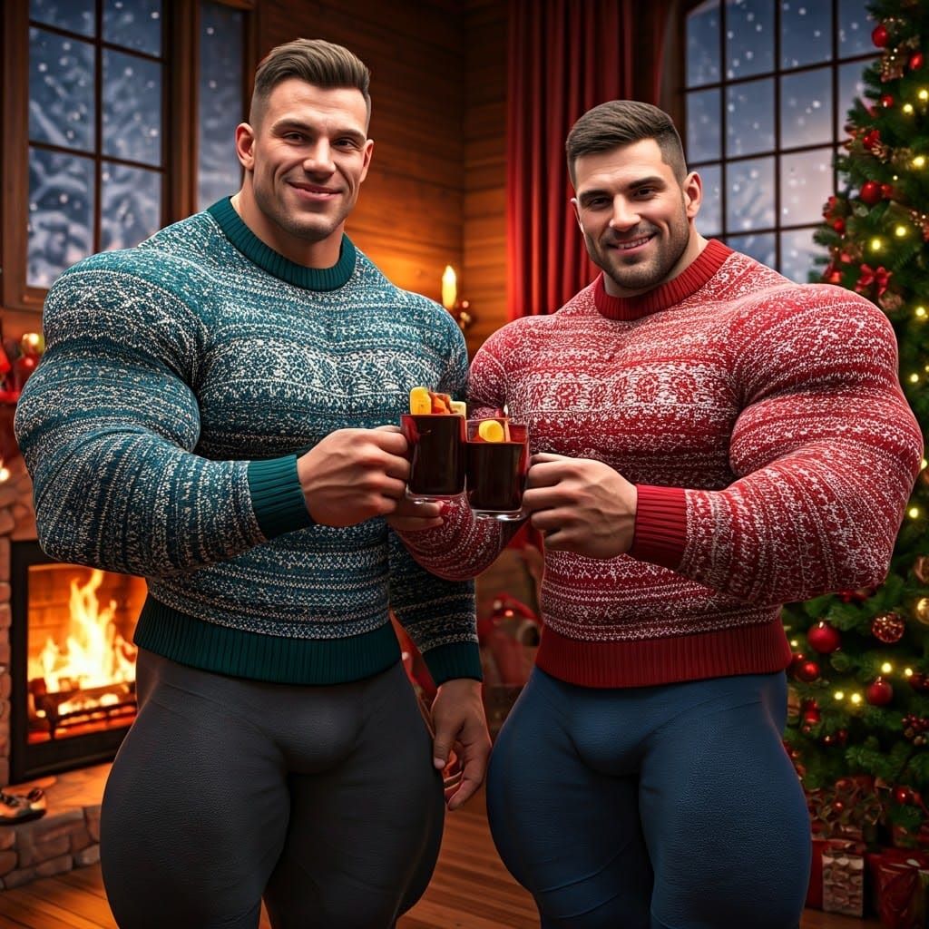 Muscular Bodybuilders Enjoy a Festive Christmas Moment