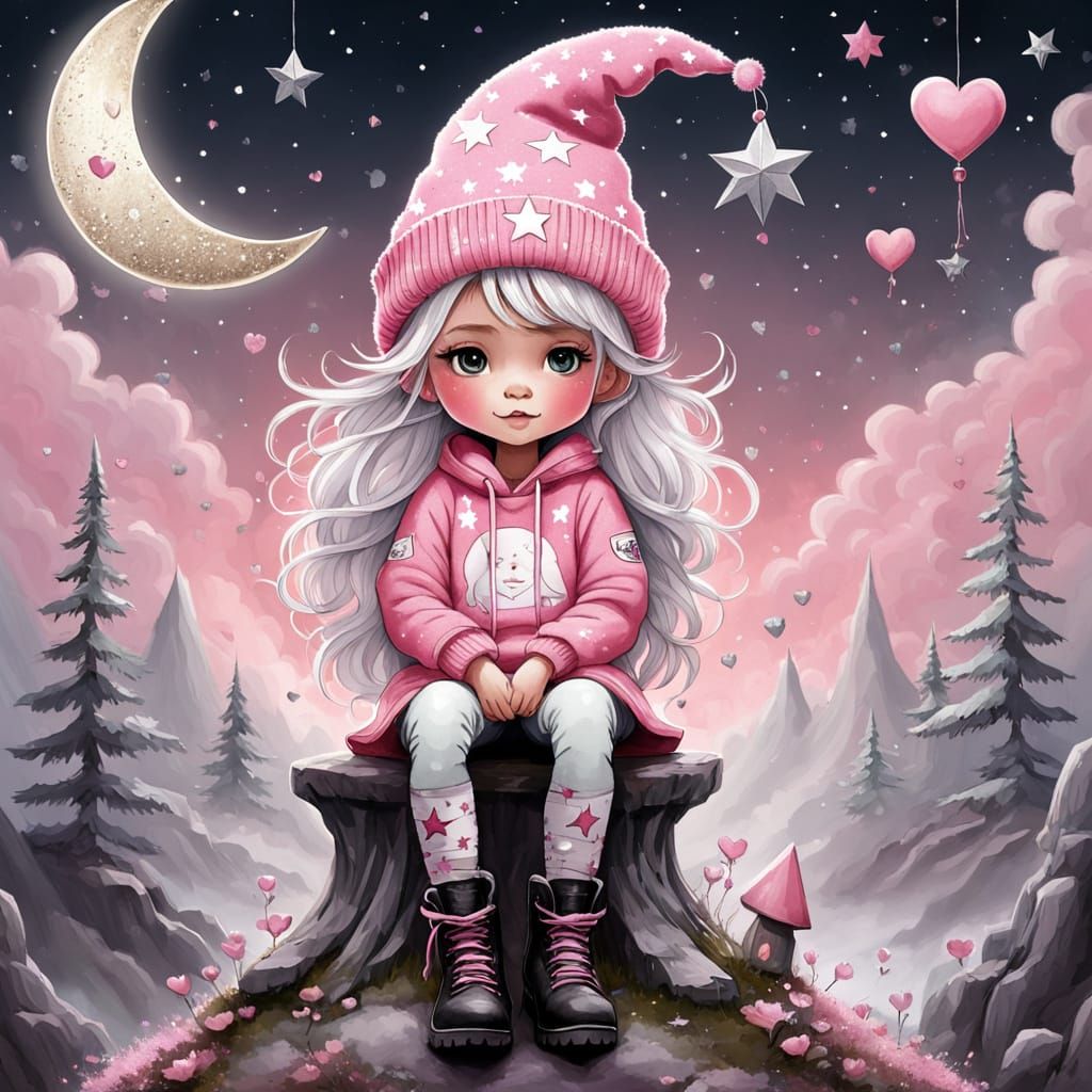 Whimsical Girl in Pink Gnome Hat on Heart Moon