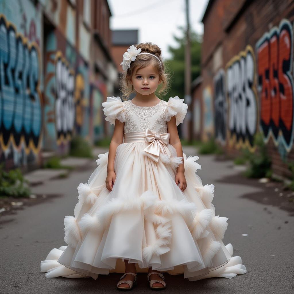 Girl in Puffy Dress Amidst Graffiti-Filled Dark Street