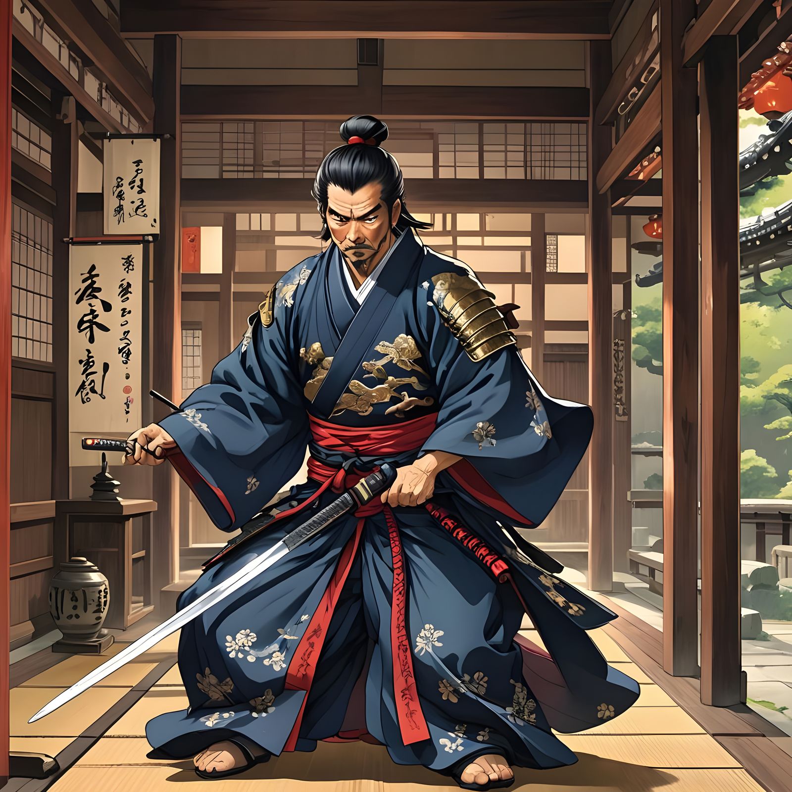 Japanese Daimyo Sharpens Katana in Anime Style