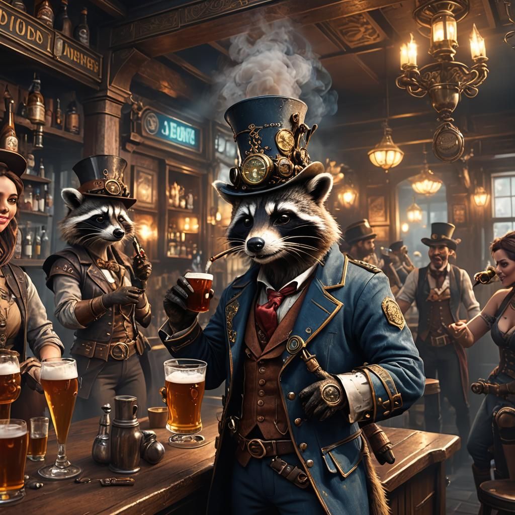 Steampunk Raccoon in Pub with Dancing Girls
