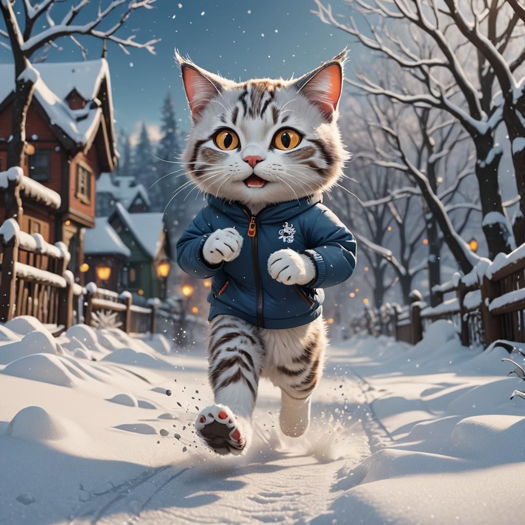Cartoon Cat Jogging in Winter Wonderland