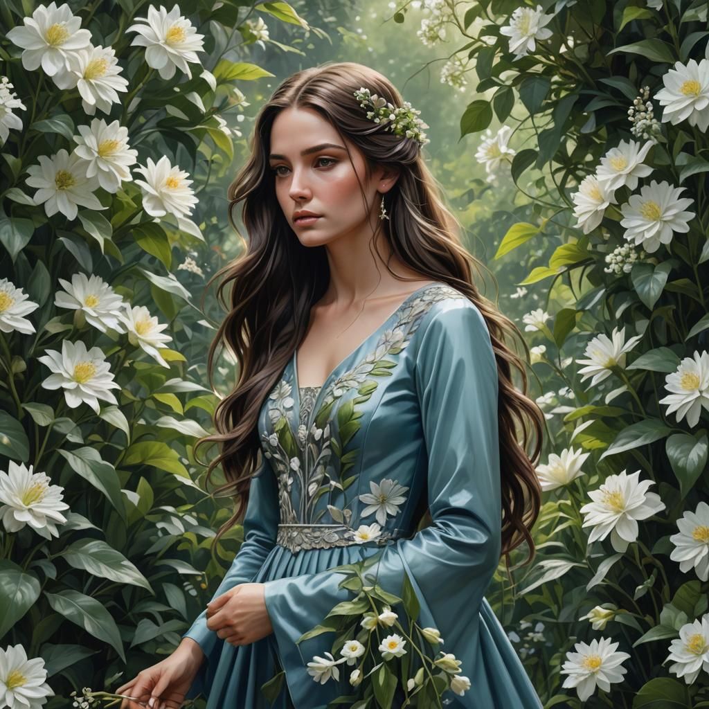 Brunette Girl in Ash Blue Gown with Flowers