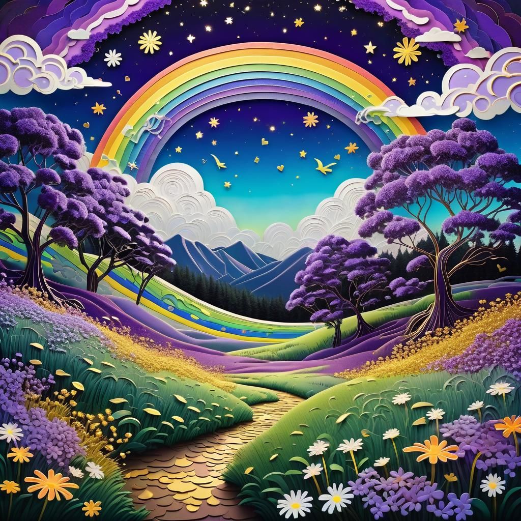 Mystical Purple and Gold Meadow in Kirigami Style