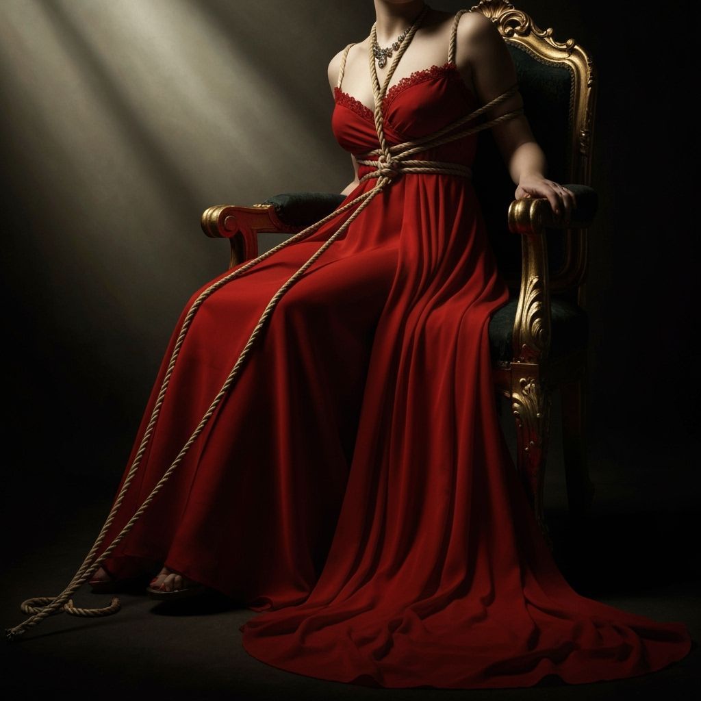 Elegant Woman in Scarlet Gown Bound to Gilded Chair