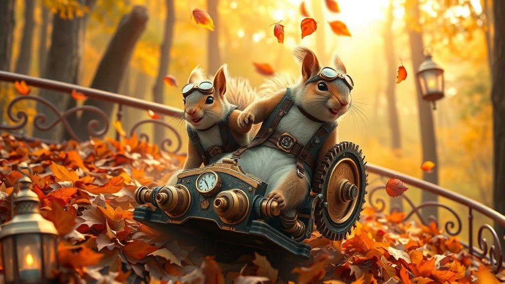 Steampunk Squirrels Slide Down Autumn Leaves